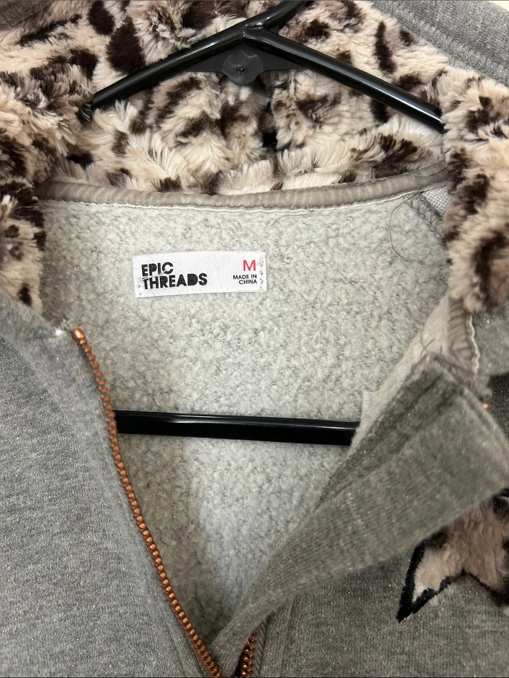 Epic Threads Grey Hoodie with Leopard Faux Fur Trim